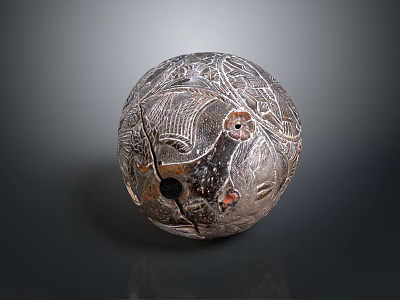 Antique Carved Spherical Sculpture Featuring Intricate Surface Patterns Holes and Cracks 3d model