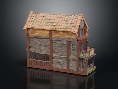 Wooden House With Two Story Structure Tiled Roof Balcony And Windows 3d model