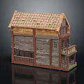 Wooden House With Two Story Structure Tiled Roof Balcony And Windows