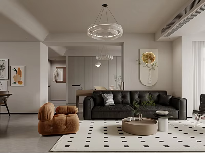 Modern Living and Dining Room Interior With Black Sofa Brown Chair And Black White Rug 3d model
