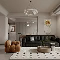 Modern Living and Dining Room Interior With Black Sofa Brown Chair And Black White Rug