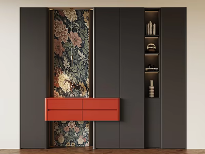 Stylish Entryway Cabinet And Sidetable With Black Frame Red Drawer Floral Wallpaper Books And Decorations 3d model