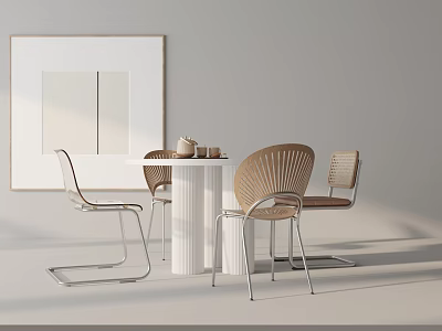 Minimalist Interior White Round Dining Table Set With Woven Back Chairs Silver Metal Legs 3d model