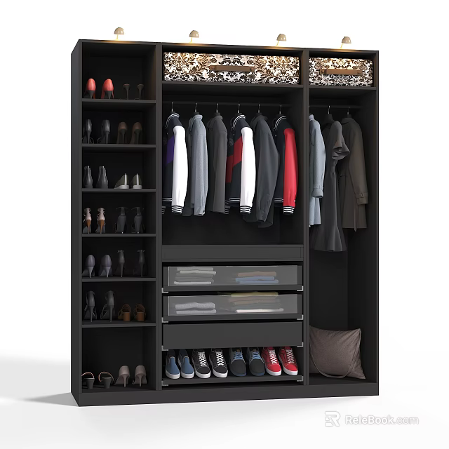 Multifunctional Dark Wardrobe Featuring Hanging Clothes Drawers Shoe Shelves And Storage Boxes 3d model