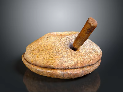 Traditional Stone Grinding Implement with Wooden Handle and Textured Surface Design 3d model