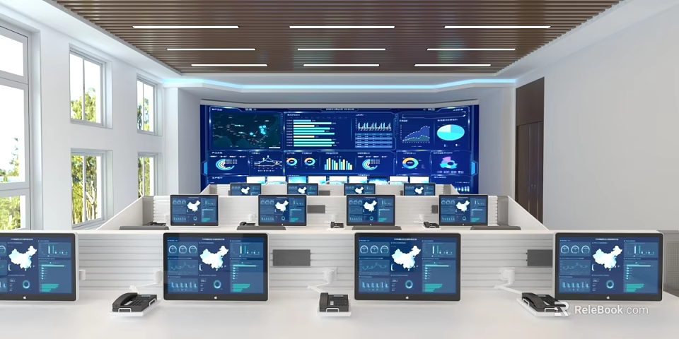 Modern Monitoring Room With Multiple Computer Screens Data Charts And Control Consoles 3d model 