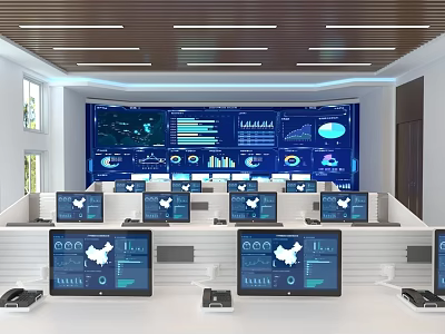 Modern Monitoring Room With Multiple Computer Screens Data Charts And Control Consoles 3d model