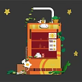 Cartoon Street Stall Scene Featuring Yellow Awning Green Decor White Rabbit Steps And Flowers