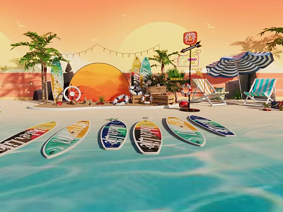 Vibrant Beach Scene With Sunset Palm Trees Surfboards Beach Chairs Umbrella And Refreshing Sign 3d model