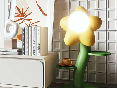 Side Table With Yellow Flower Shaped Lamp Green Base And Coffee Cup Tray 3d model