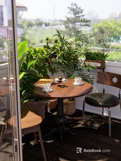 Cozy Home Balcony With Lush Green Plants Wooden Table And Comfortable Chairs 3d model 