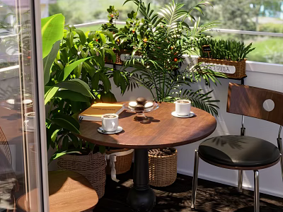 Cozy Home Balcony With Lush Green Plants Wooden Table And Comfortable Chairs 3d model