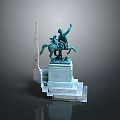 Equestrian Statue Rider And Horse Figure With Raised Right Hand On Multi Tiered Stone Pedestal