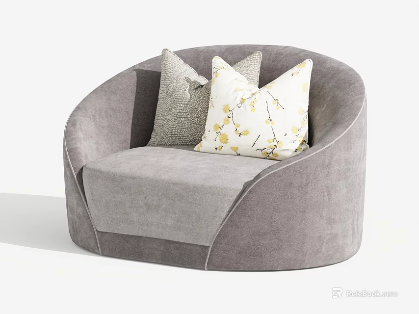 Modern Grey Velvet Single Sofa with Curved Design and Patterned Pillows 3d model