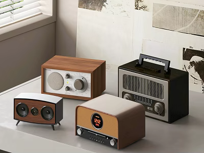 Vintage And Modern Design Audio Speakers With Wooden Elements And Digital Display On Tabletop 3d model