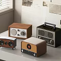 Vintage And Modern Design Audio Speakers With Wooden Elements And Digital Display On Tabletop