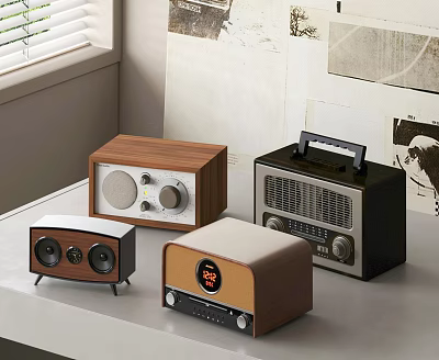 Vintage And Modern Design Audio Speakers With Wooden Elements And Digital Display On Tabletop 3d model