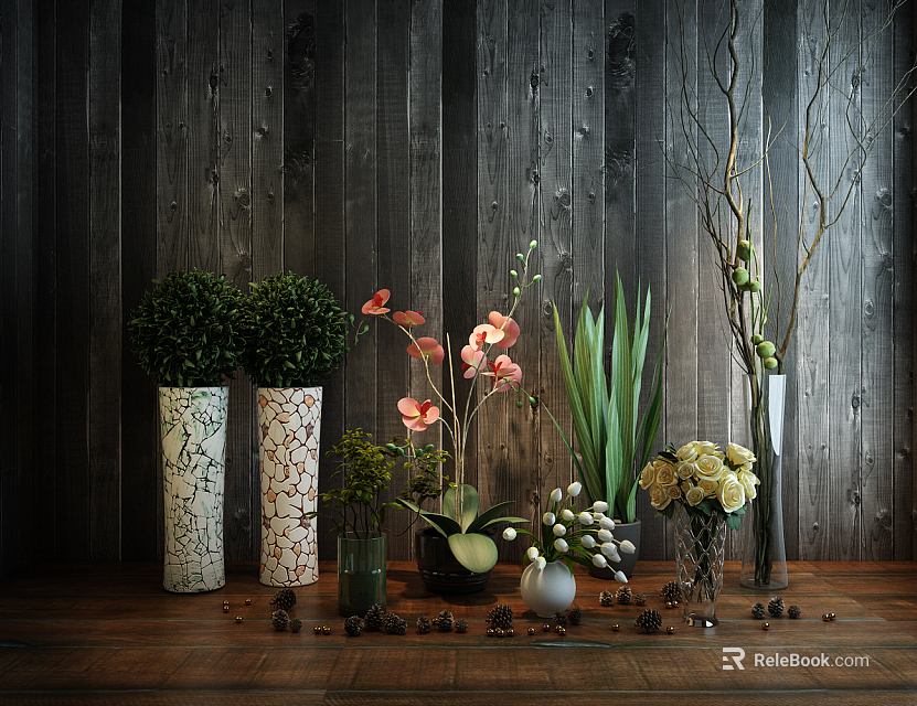 Decorative Vases With Pink Orchids Green Plants White Flowers And Pebbles On Dark Wooden Wall 3d model 