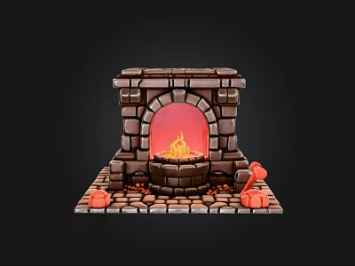 Cartoon Style Stone Fireplace Scene With Burning Flames And Red Decorations 3d model