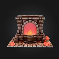 Cartoon Style Stone Fireplace Scene With Burning Flames And Red Decorations