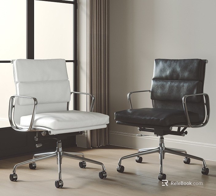 Modern White and Black Leather Office Chairs with Metal Frame and Wheels in Bright Room 3d model 