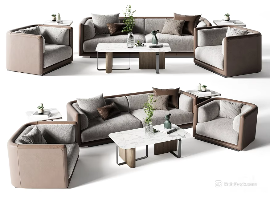 Modern Sofa and Coffee Table Set With Pillows Side Tables and Green Plants 3d model 