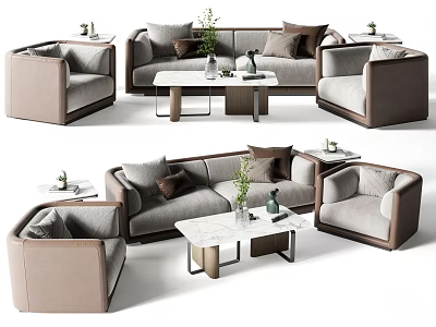 Modern Sofa and Coffee Table Set With Pillows Side Tables and Green Plants 3d model