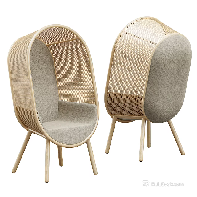 Stylish Modern Armchair Featuring Woven Frame Gray Cushion And Wooden Legs 3d model 