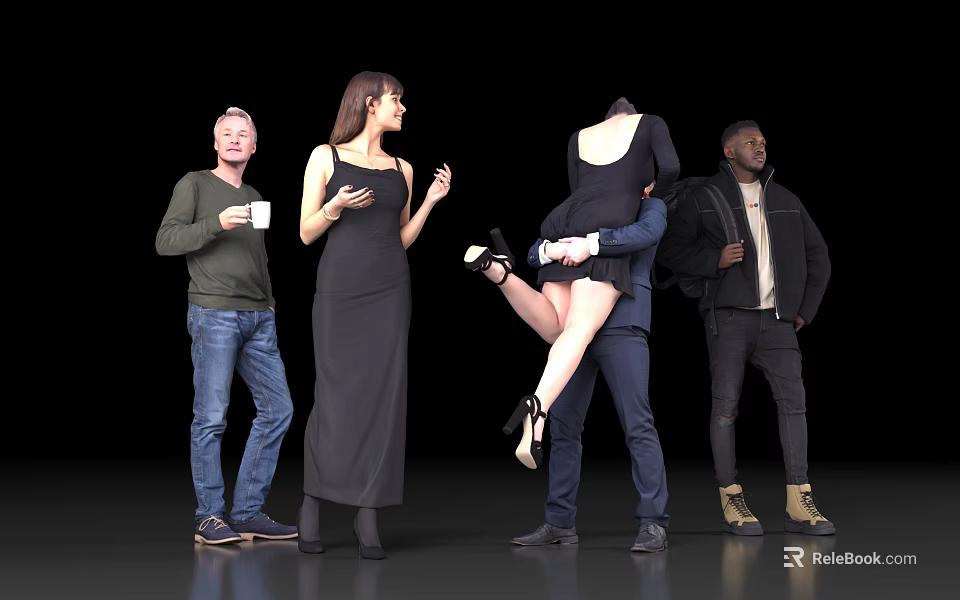 Group of People Standing With Diverse Poses Holding Cup Embracing And Interacting Casually 3d model 