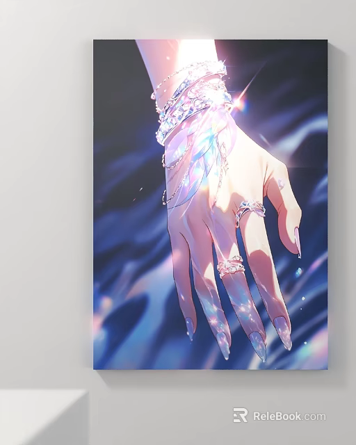 Iridescent Hand With Sparkling Jewelry Rings And Decorated Nails On Holographic Background 3d model 