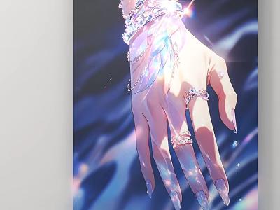 Iridescent Hand With Sparkling Jewelry Rings And Decorated Nails On Holographic Background 3d model