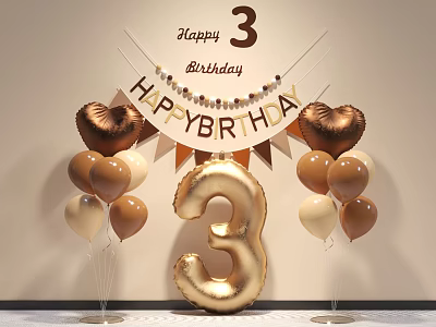 Birthday Balloons Decorations With Gold Number 3 Brown Gold Beige Heart And Round Shapes 3d model