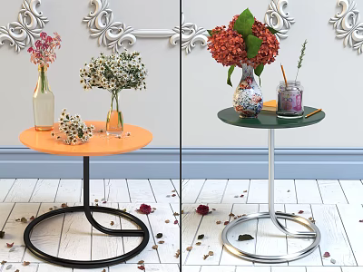 Decorative Vases With Fresh Flowers On Orange Green Round Tables With Petals 3d model