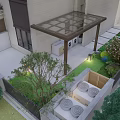 Courtyard Water Fountain with Stones Green Plants and Wooden Leisure Seats