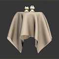 Modern Furniture Table With Beige Textured Tablecloth And Small Decorative Figurines