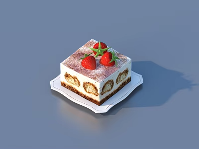 Square Layered Cake Topped With Fresh Strawberries And Powdered Sugar On White Plate 3d model