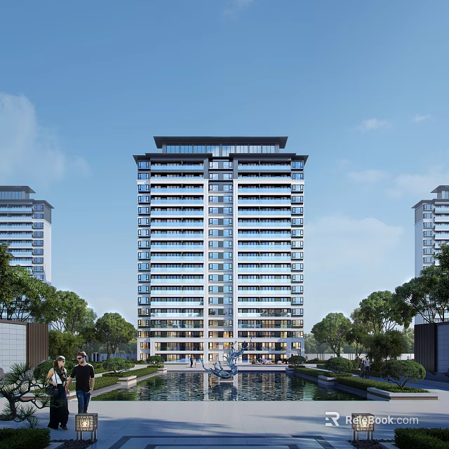 Modern High Rise Residential Building By Waterfront 3d model