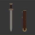 Ancient Weapon Sword With Metal Blade Golden Hilt And Red Leather Scabbard