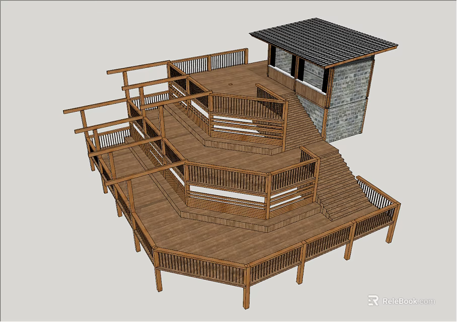 Wooden Road Facilities With Multi Level Platform Stairs Railings And Pavilion Structure 3d model 