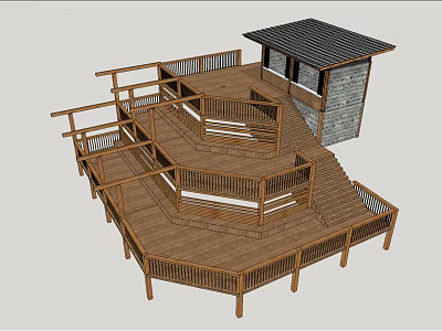Wooden Road Facilities With Multi Level Platform Stairs Railings And Pavilion Structure 3d model