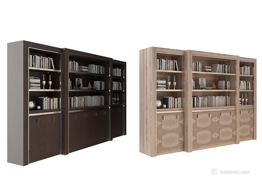 Modern Dark and Light Wooden Bookcases With Storage Cabinets Books and Decorative Items 3d model 