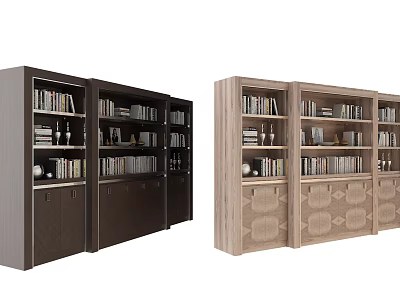 Modern Dark and Light Wooden Bookcases With Storage Cabinets Books and Decorative Items 3d model