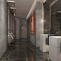 Modern Hotel Bathroom Interior With Marble Walls Double Sinks Mirrors Lighting And Artwork