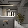 Modern Restaurant Interior Featuring Open Kitchen Long Concrete Bar Counter Stools Pendant Lights And Plants