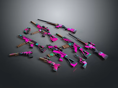 Pink Purple Weapons Collection Display Featuring Rifles Handguns And Assorted Firearms 3d model
