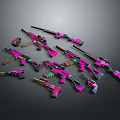 Pink Purple Weapons Collection Display Featuring Rifles Handguns And Assorted Firearms