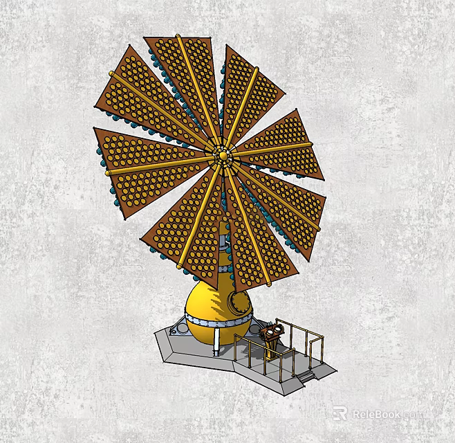 Ornamental Windmill Model With Yellow Base Decorative Blades And Platform Railing 3d model