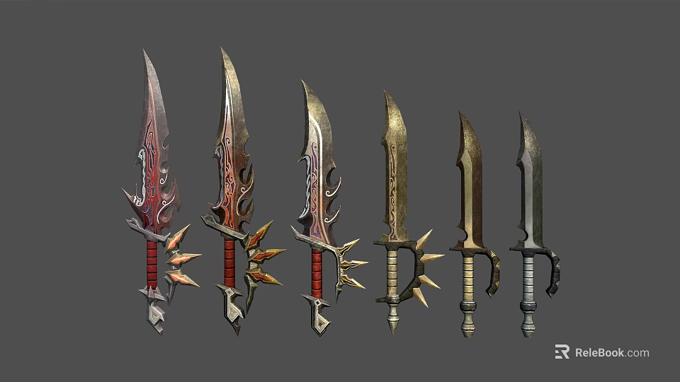 Decorative Fantasy Knives with Intricate Handle Designs and Varied Blade Styles 3d model 