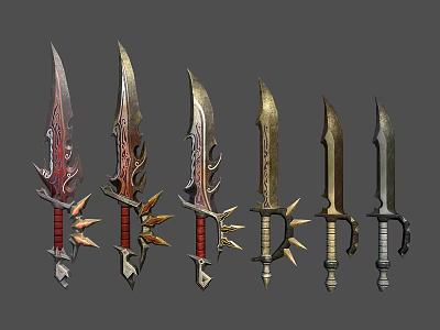 Decorative Fantasy Knives with Intricate Handle Designs and Varied Blade Styles 3d model