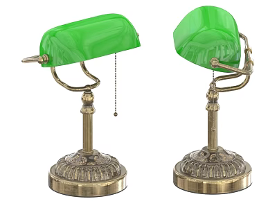 Pair Of Vintage Brass Table Lamps With Green Glass Shades And Decorative Bases 3d model